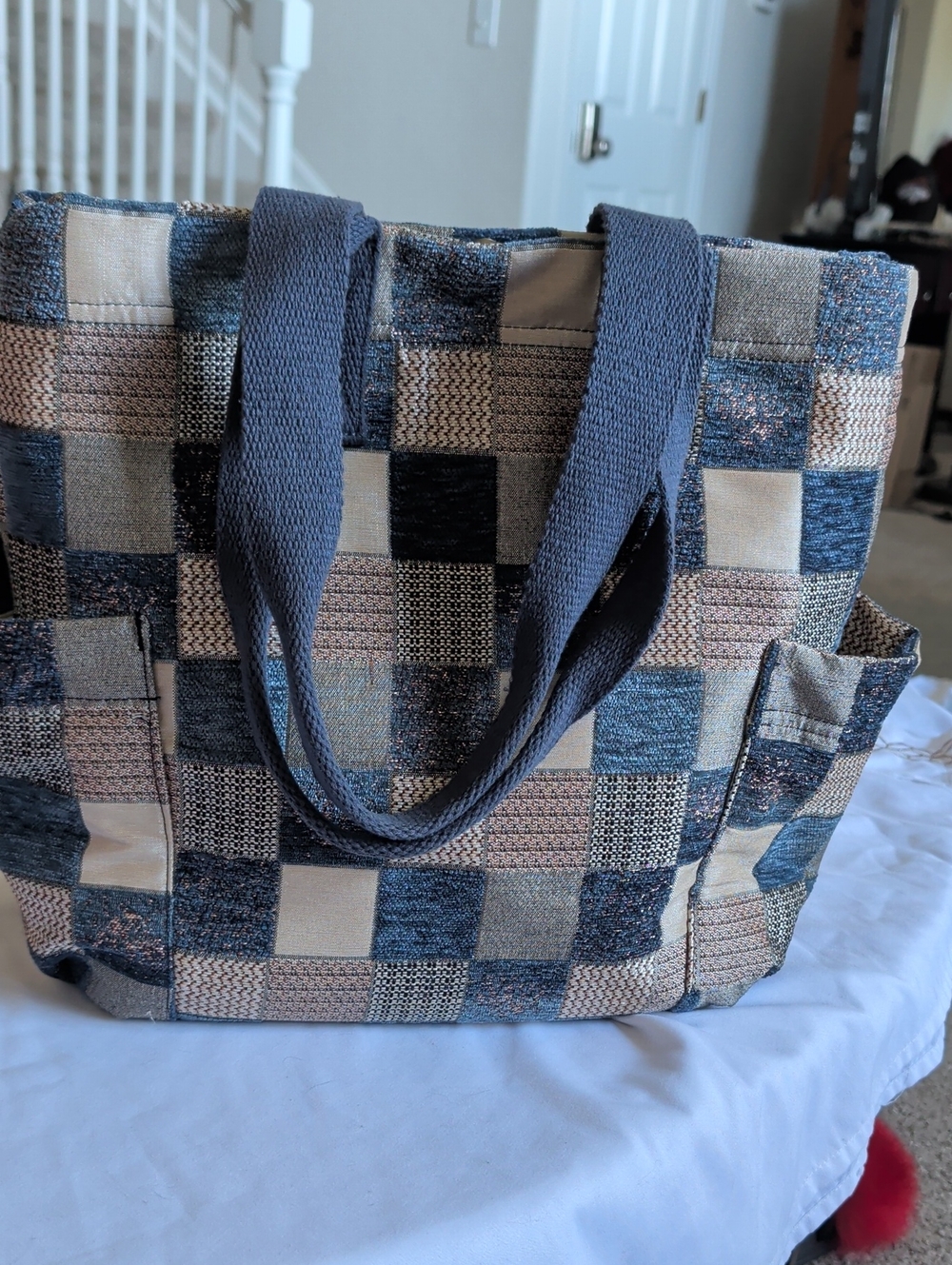 Patchwork Navy and Beige Tote Bag with Dual Shoulder Straps